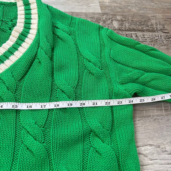 Aerie Sweater Green Cable Knit Cotton V-Neck Varsity Preppy Fall Medium - Picture 7 of 8